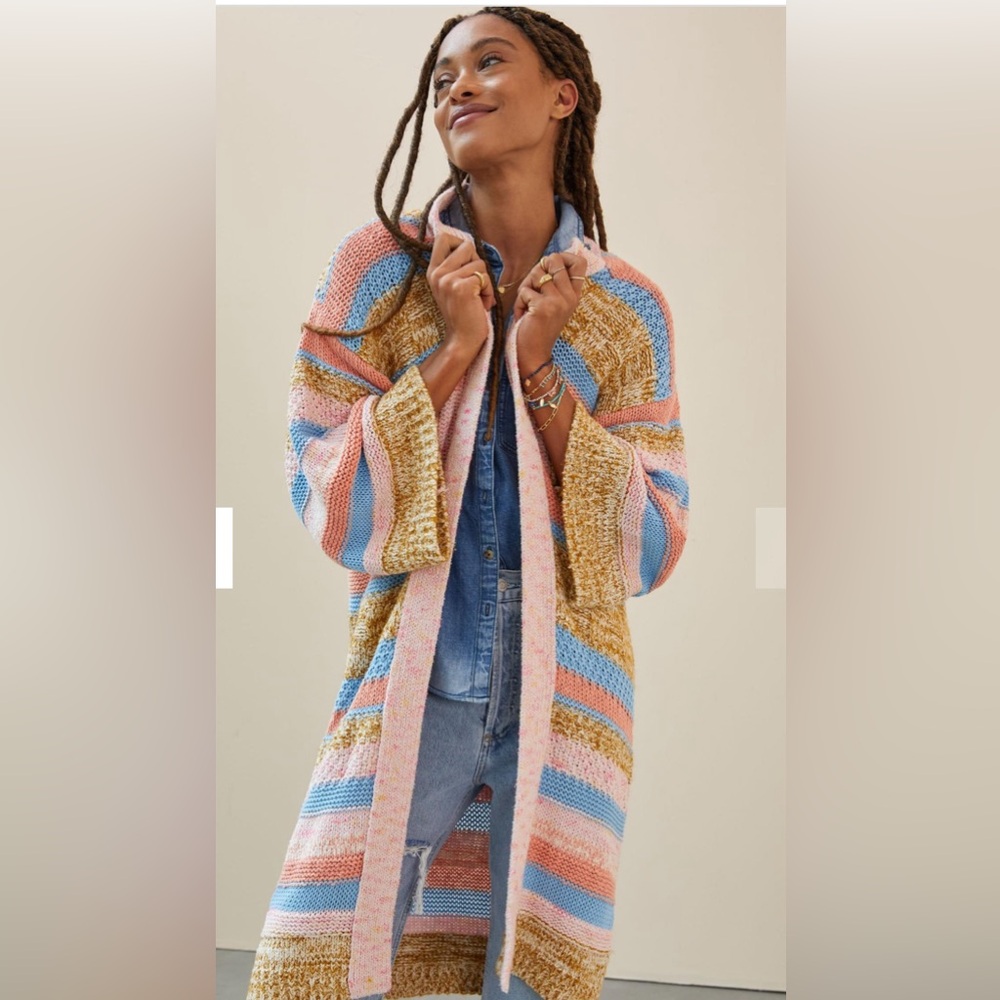 Anthropologie Textured Striped Open Front Cardigan Pink Multi One Size OS NWT